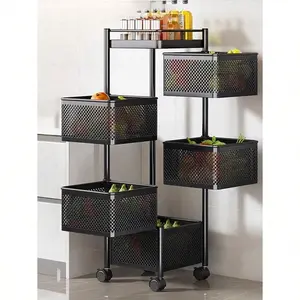 5-Layer Rotating Kitchen Storage Cart - Metal Wheeled Rack for Fruits & Vegetables
