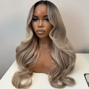 Ombre Ash Blonde Colored 13x6 Lace Frontal Wig Grey Ash With Brown Roots Human Hair Lace Front Wig Body Wave Hairstyle Wavy Human Hair Wigs Wig Elastic Hair Band Pre-plucked Natural Hairline 180% Density For Woman
