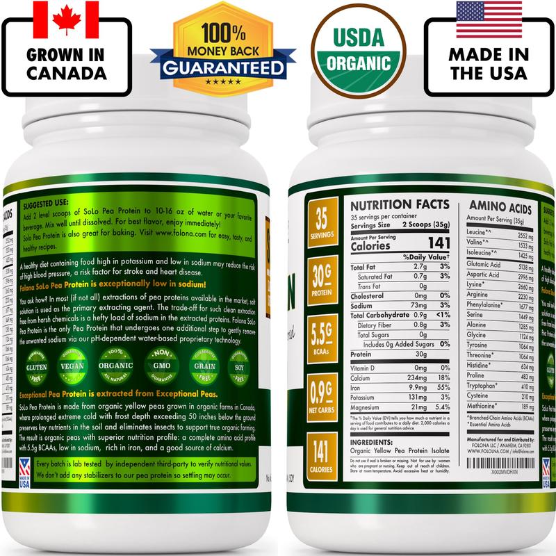 SOLO Organic Pea Protein Isolate, Low in Sodium, Canada Grown Peas, 100% Vegan, Non-GMO, Unflavored Plant Based Protein Powder with BCAA, Keto & Paleo Friendly, Easy to Digest, No Additives (2.7 lbs)