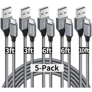 USB A to USB C  5-Pack (3/3/6/6/10 ft),   Type C Charger Cord for  17 16 15 Pro Max Plus Air,  Galaxy S25 S24 S23 S22 S21 S20 A56 A17 A16, Pixel,  G, Gray