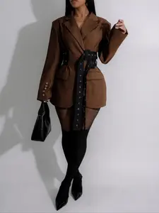 Women's Side Tie Waist Patchwork Long Sleeve Fitted Blazer Jacket, Fall Fashion, Elegant Office Wear, Casual Outerwear