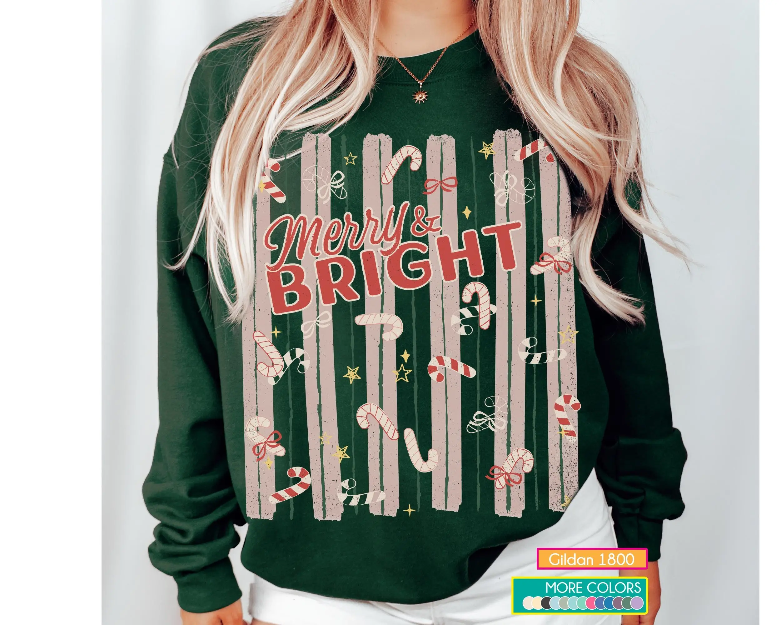Vintage Pink Christmas Merry And Bright Sweatshirt, Retro Pastel Striped Candy Cane Bows Pattern Sweater, Cute Cozy Pinkmas Holiday Aesthetic Long Sleeve Jumper, Xmas Holiday Party Outfit, Cute Christmas Gift for Women & Girlfriends