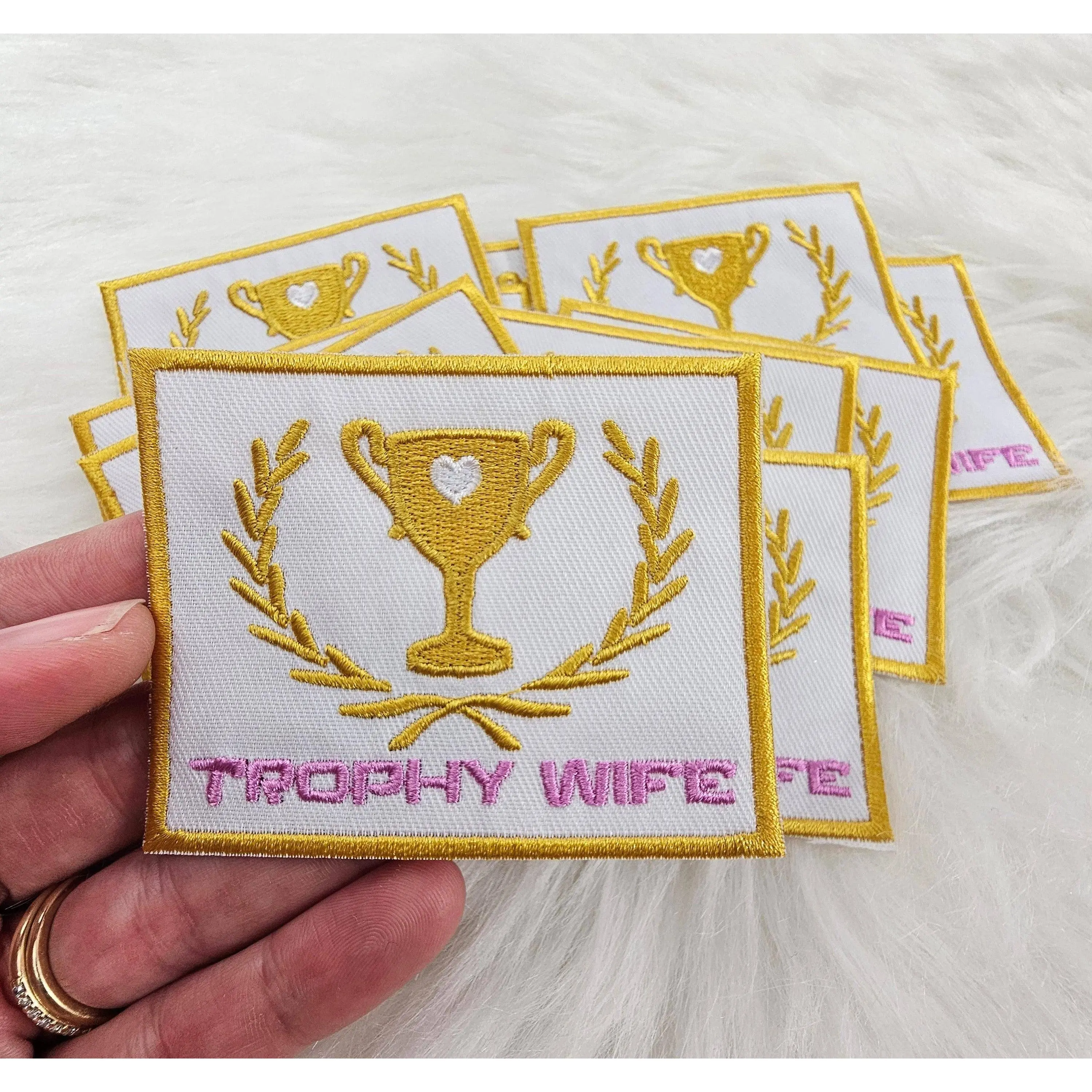 'Trophy Wife' Pink and Gold Embroidery Iron On Patch