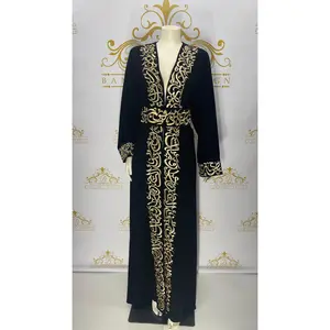 Arabic Calligraphy Golden Embroidery Letters Abaya Cardigan - Black & Gold