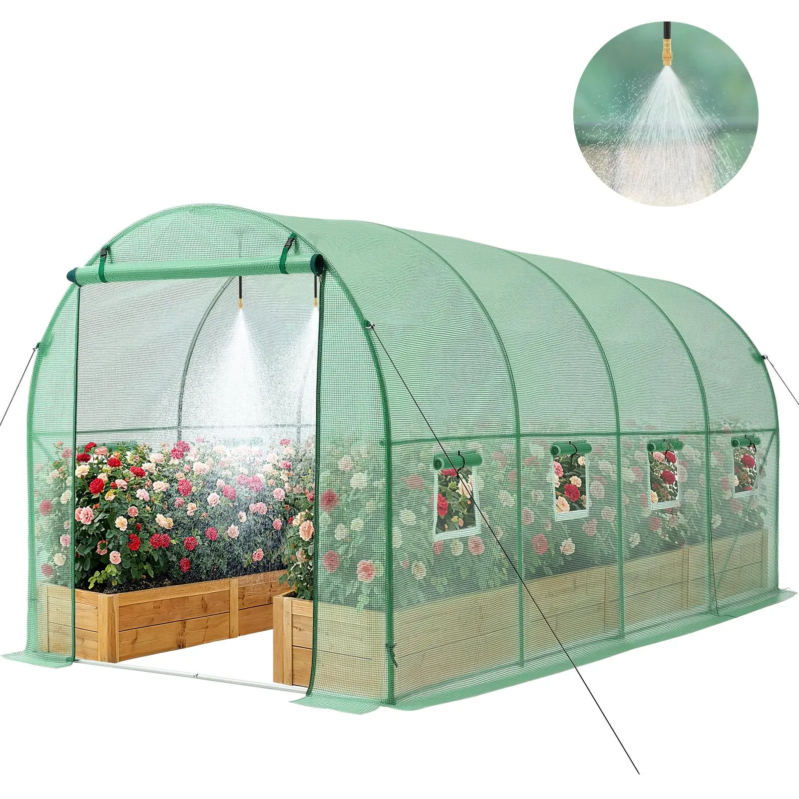 【SummerFinds】VEVOR Walk-in Tunnel Greenhouse, 15 x 7 x 7 ft Hoop House Greenhouse Tunnel with Watering System, Plant Hot House with Steel Frame, PE Cover, Roll-Up Zipper Door and 8 Windows for Outdoors, Green