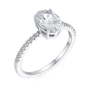 Traditional 2CT Oval Solitaire Engagement Ring with CZ Pave Band in Silver