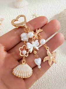 Fashion Ocean Style Starfish Shell Keychain, Fashionable Alloy Keychain, Heart-Shaped Faux Pearl Decoration, Cute Bag Charm Gift for Girls, Holiday Present Idea