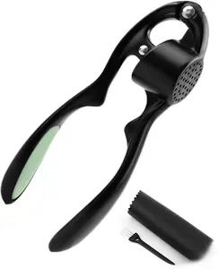 Garlic Press, Heavy Duty Garlic Press Tool with Silicone Garlic Peeler & Brush Set, Garlic Mincer Crusher Chopper Smasher with Ergonomic Handle, Easy Squeeze, Rust Proof, Easy Clean (Black)