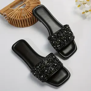 Women's Open Toe Flat Bottom Sandals Sparkling Glitter Decorated Slippers Casual Flat Sandals For Summer Beach