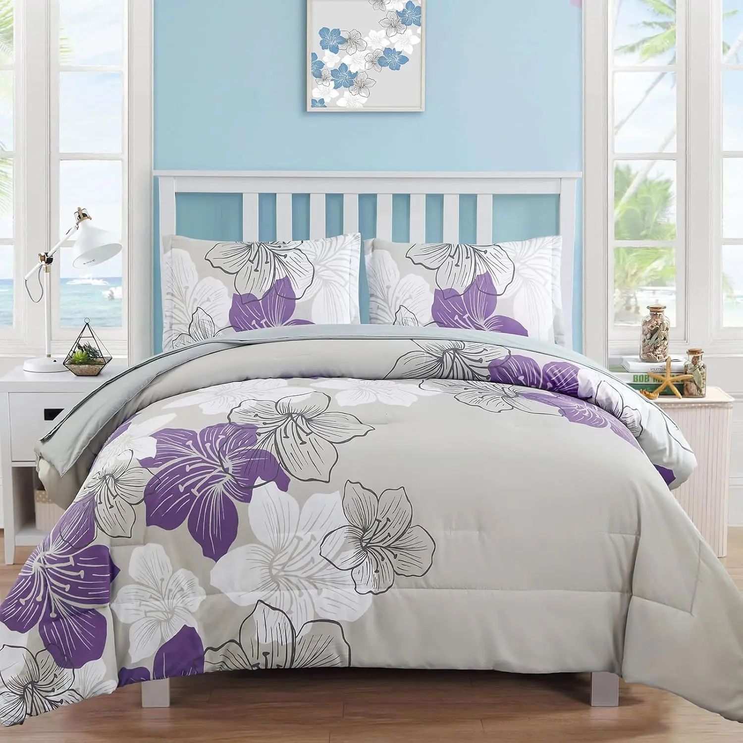Ultra Soft, Wrinkle Resistant, Dust-Repellent 7-Piece California King Microfiber Bedding Set - Durable Modern Purple & Dark Purple Grey Complete Set with 104"x96" Comforter, Sheets, 1 Bag, All Seasons