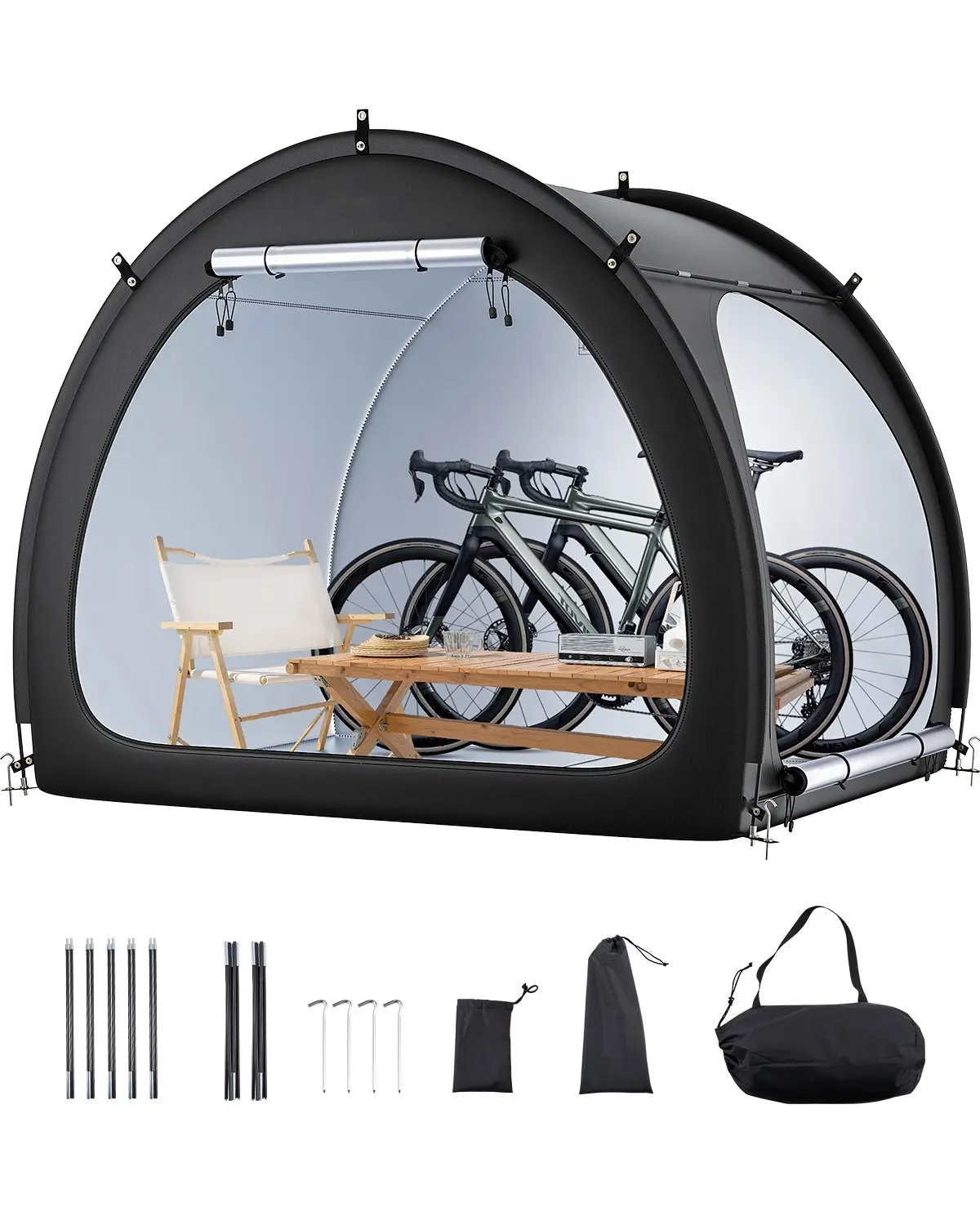 Outdoor Bike Storage Tent With Fan-Shaped Design And Dual-Door Access For 4 To 5 Bikes, Weatherproof And UV-Resistant Shelter With Waterproof Tarp Cover, Portable Garage Style Storage For Backyard, Driveway, And Garden