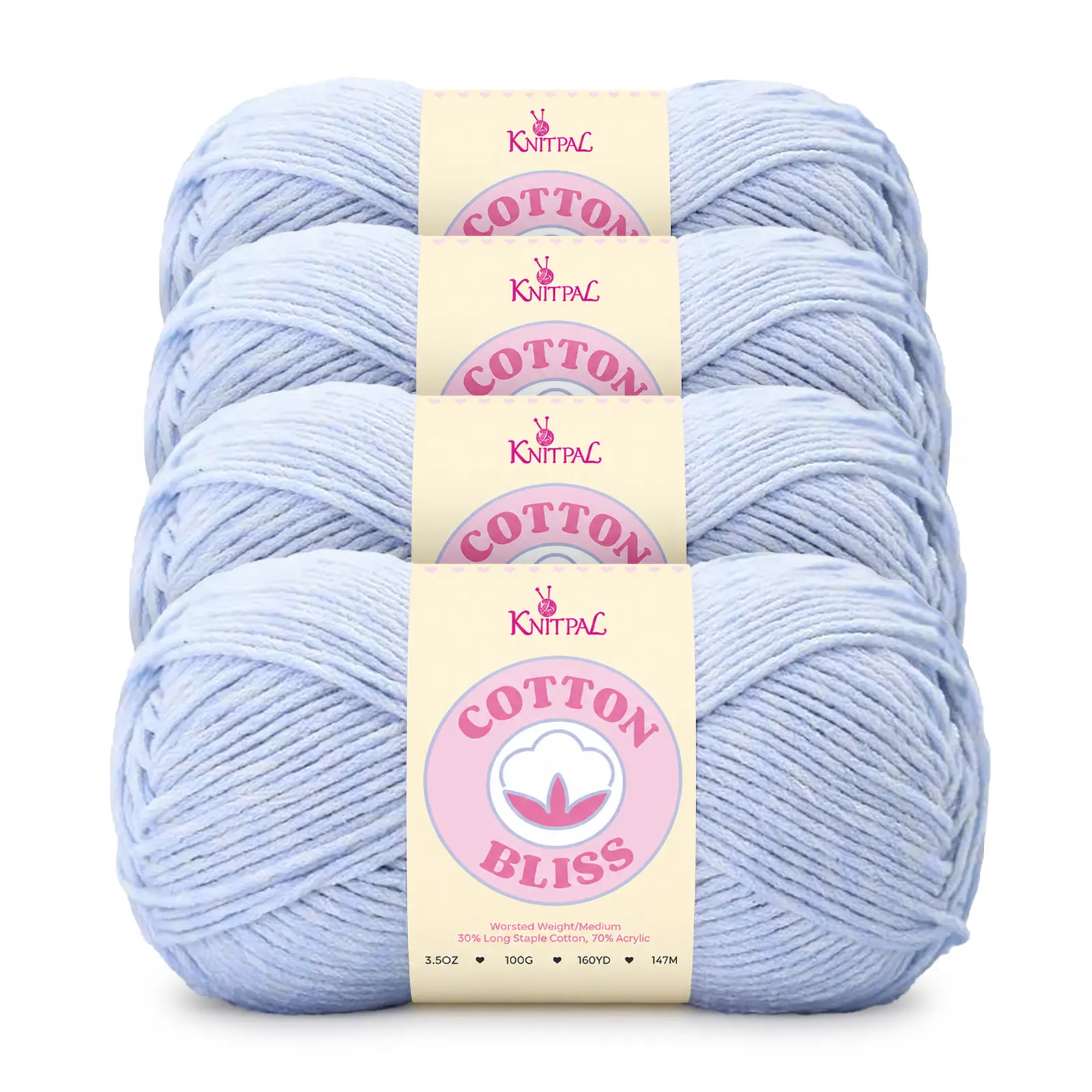 KnitPal Cotton Bliss Medium Worsted Cotton Blend Yarn, 4 Skeins (640 yds/400g) - Breathable, Durable, Easy-Care, Beginner-Friendly for Baby Projects, Knitting, Crochet; Pastels, Marled Colors, Neutral Tones, Refined Stitch Definition