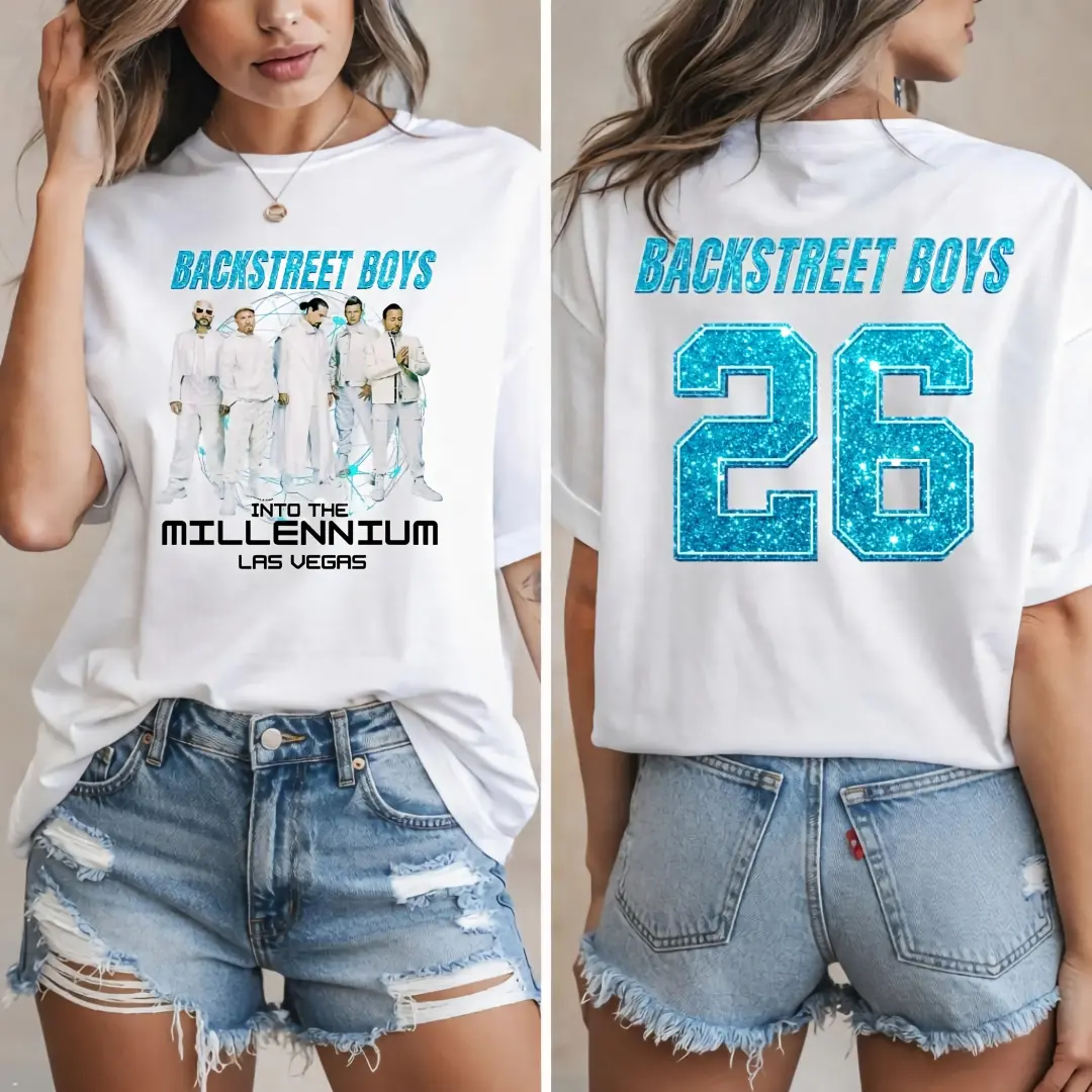 Backstreet Boys 2026 T shirt, 90s Pop Music BSB Shirt, Faux glitter print effect, Into The Millennium Las Vegas Retro Sphere Graphic Tee, Casual Y2K Streetwear Apparel Gift