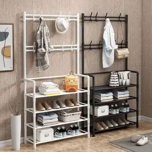 Multifunctional Metal Storage Rack with 8 Double Hooks, Freestanding Garment Rack, 4 Tier Clothes Hat Shoes Organizer, Easy to Assemble, Suitable for Bedroom, Living Room, Office
