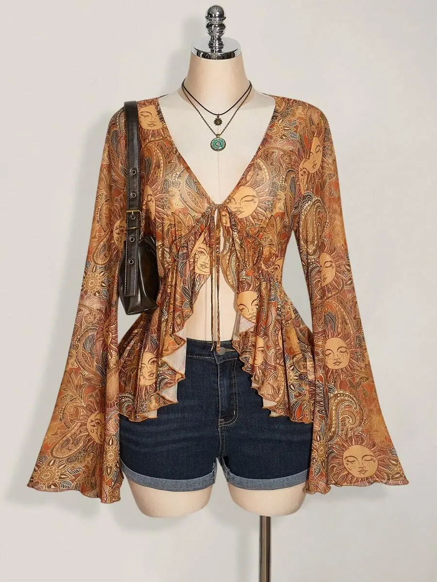 Retro Floral Print Front Tie Knit Top, Sunray Paisley Boho, Flare Sleeve Sheer Blouse, Music Festival, Summer Vacation,Vintage