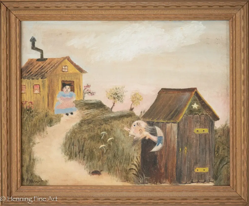 Beautiful Vintage Folk Art Oil Painting Humorous Country Couple, Signed & Framed
