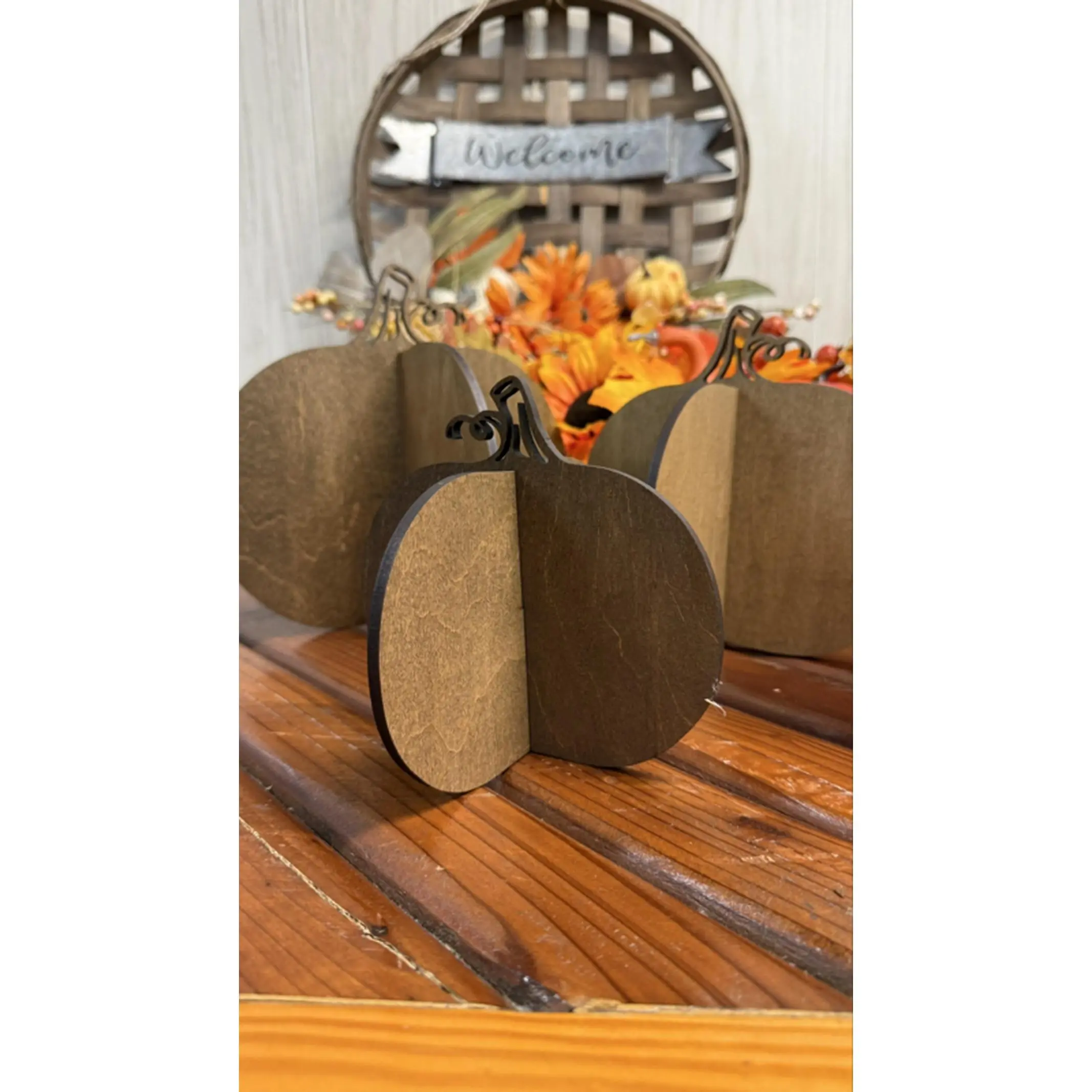 Dark Stained Wooden Pumpkins Set of 3 9 7.5 6 Tall Sliding Together for Fall Aesthetic Home Office Decor Easy Storage