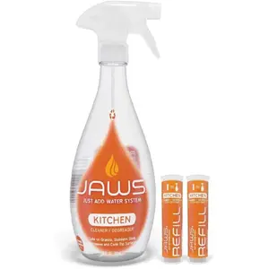 JAWS Kitchen Cleaner Bottle with 2 Refill Pods - EPA Safer Choice-certified - Streak-Free & Versatile Cleaning Solution - Lightly Scented Orange Cinnamon - Just Add Water System - Refillable & Sustainable
