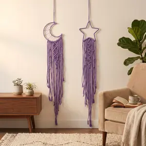 2pcs Macrame Dream Catcher Wall Hanging, Purple Star and Moon Woven Tassels, Cotton Rope, for Bedroom and Nursery Wall Decor, Boho Celestial Theme, Ideal for Gifting & A Cozy Vibe