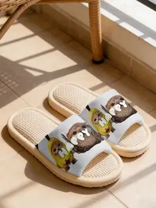 Unisex Funny Otter Print Linen Slippers, Breathable Cloudy Soft Sole, Non-Slip Quiet Home Shoes, All-Season Casual Footwear