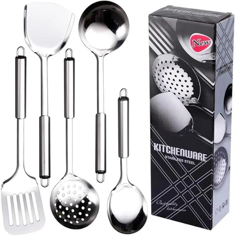 5 Pcs Stainless Steel Kitchen Utensils Set Spatula and Slotted Spatula 5 Pcs Stainless Steel Kitchen Utensils Set Spatula and Slotted Spatula