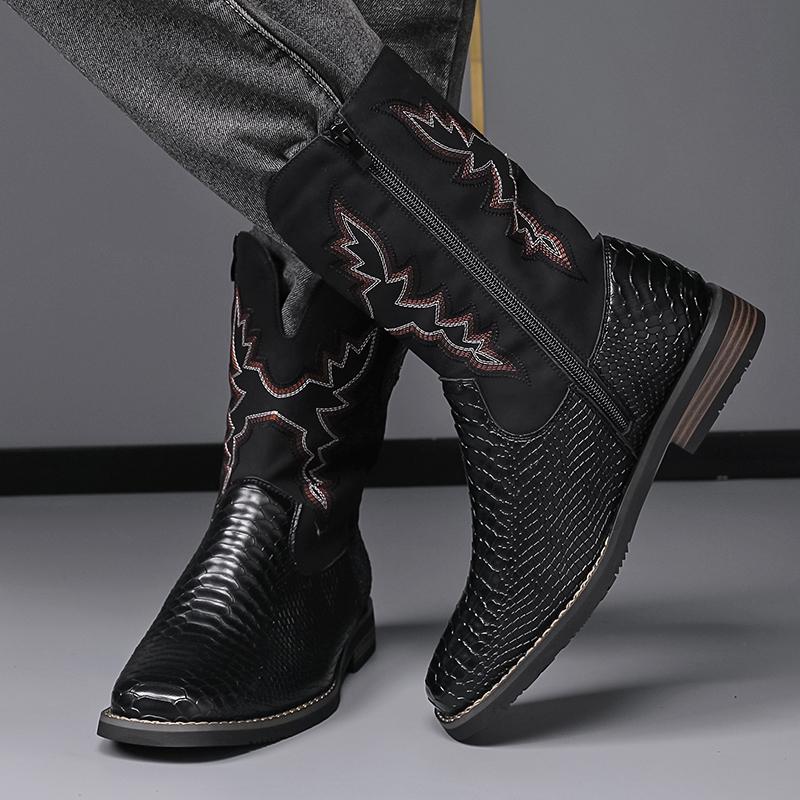 CYUW Men's Cowboy Boots — Western-style embroidered ankle boots featuring a slip-resistant square toe and a chunky heel; a blend of durability and classic retro-chic style, designed for comfortable, supportive walking.