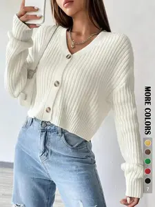 Women's Basic Plain Button Front Drop Shoulder Cardigan, Casual Solid Long Sleeve V Neck Knitwear Knitting for Fall & Winter, Women's Clothing Womenswear for Daily Wear