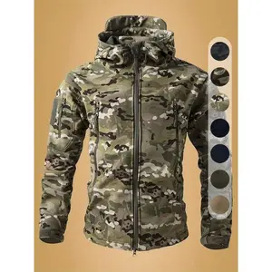 Men's Outdoor Jacket Military Workwear Set, Winter Hooded Soft Shell Jacket, Full Zip Multi-Pocket Design, Lightweight Tactical Windbreaker