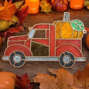 Faux stained glass little red pickip with pumpkin