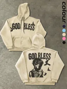 Trendy Religious Hoodie, Unique Design, Praying Child & God Bless Element, Fitted Style, Daily Wear, Dark Religion Fashion