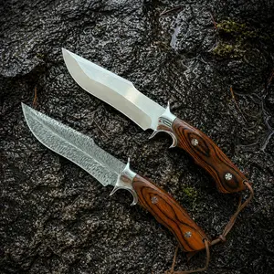 M390 Stainless Steel Wood Handle Full-Tang Fixed-Blade Camping Knife Set with Leather Sheath, Portable Camping Cutlery for Outdoor Cooking, BBQ, Meat Prep, Full-Tang Fixed-Blade Cutlery