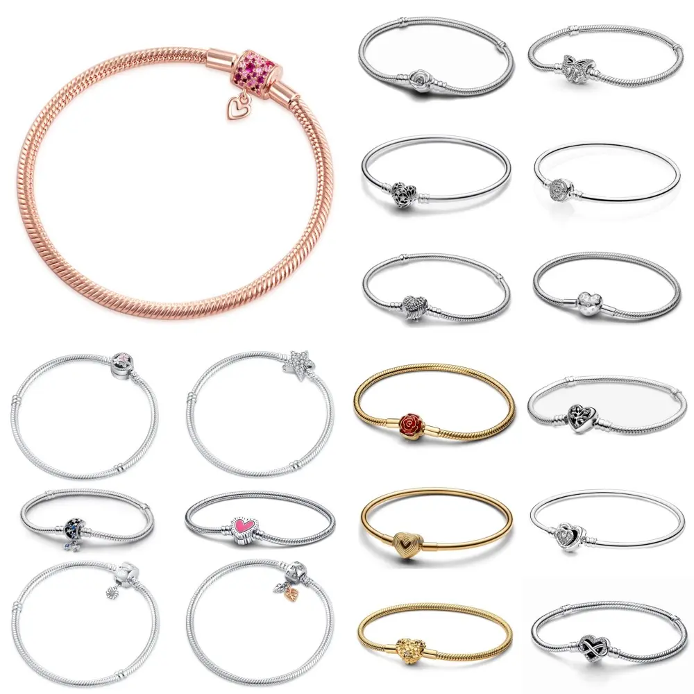 925 Sterling Silver Bracelets Heart Pave Red Flower Star Clip Snake Chain Bracelet Love Bangles DIY Fine Jewelry