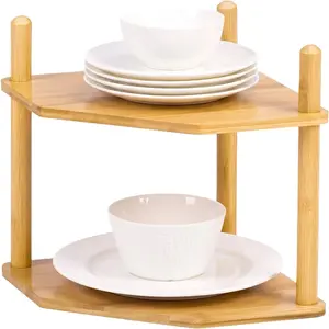 2-Tier Expandable Bamboo Corner Shelf - Dish/Plate Organizer for Cabinet, Kitchen Counter Shelf & Small Kitchen Shelf, Adjustable (6.7" H-Natural, 2-Tier)