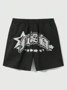 Men's Loose Casual Athletic Shorts with Graphic Graffiti Words & Star Patterns, Colorblock Drawstring, Side Pockets, Soft Fabric, Washable Print