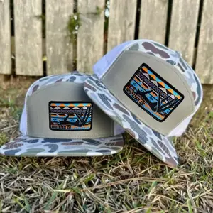 Azteca Whitetail Deer Antler Embroidery 7-Panel Trucker Cap – Flatbill Mesh Snapback Outdoor Angler Performance Camo Hat for Men and Women, Bottomland Camo Black White Brown Unisex Fitted Cap