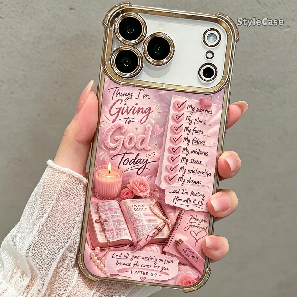 Giving to God Prayer Phone Case for iPhone 17 16 15 14 13 12 11 Pro Max Plus Air, Christian Faith Bible Verse Pink Clear TPU Shockproof Metallic Edge Cover Religious Gift DDSJ260627020