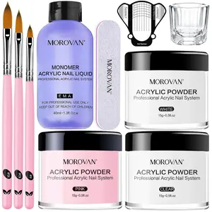 Acrylic Nail Kit: Clear Pink White Powder and Professional Liquid Set for Nail Extension - DIY at Home With Brush for Beginners