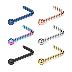 WKOUD 5PCS/1PCS Surgical Steel Curved Nose Stud Ring L Shaped With 1.5mm-3mm Ball Piercing Jewelry 20g