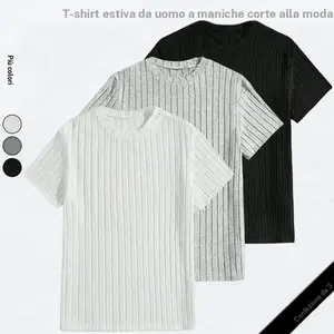 Men's solid color striped knit crew neck short sleeved T shirt, regular fit, casual stretch top, soft and skin friendly fabric, sweat absorbent and breathable, suitable for everyday summer wear, fashionable men's T shirt, menswear, trendy clothing, street