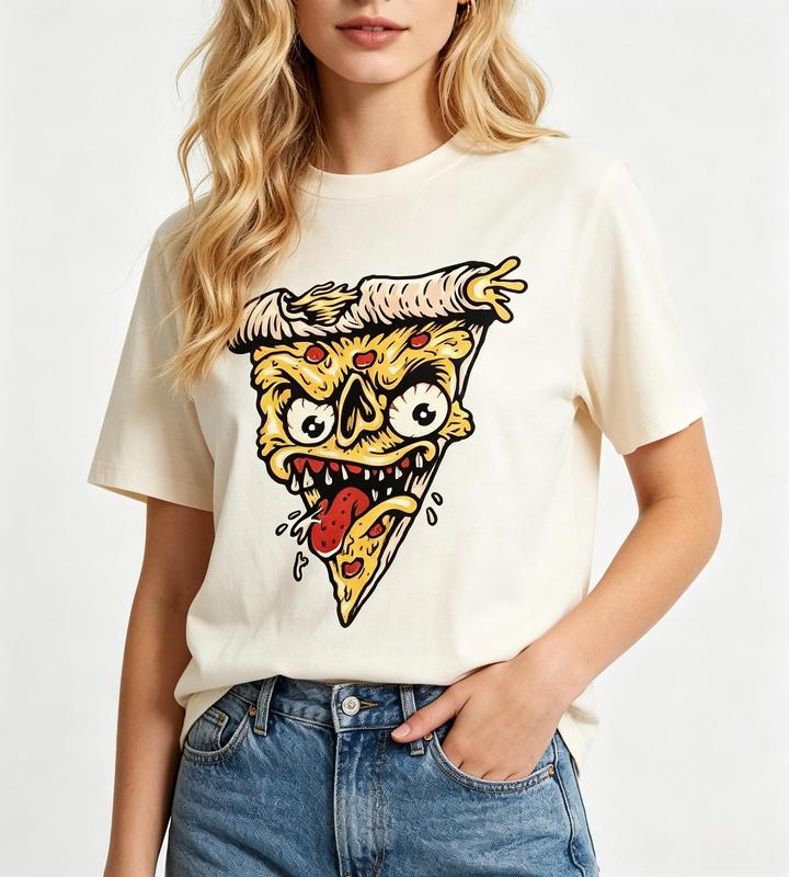 Women's Beige Retro Horror Cartoon Graphic T-Shirt - Casual Short Sleeve Streetwear Top, Cotton Fabric Tshirt for Beach, #sohochic