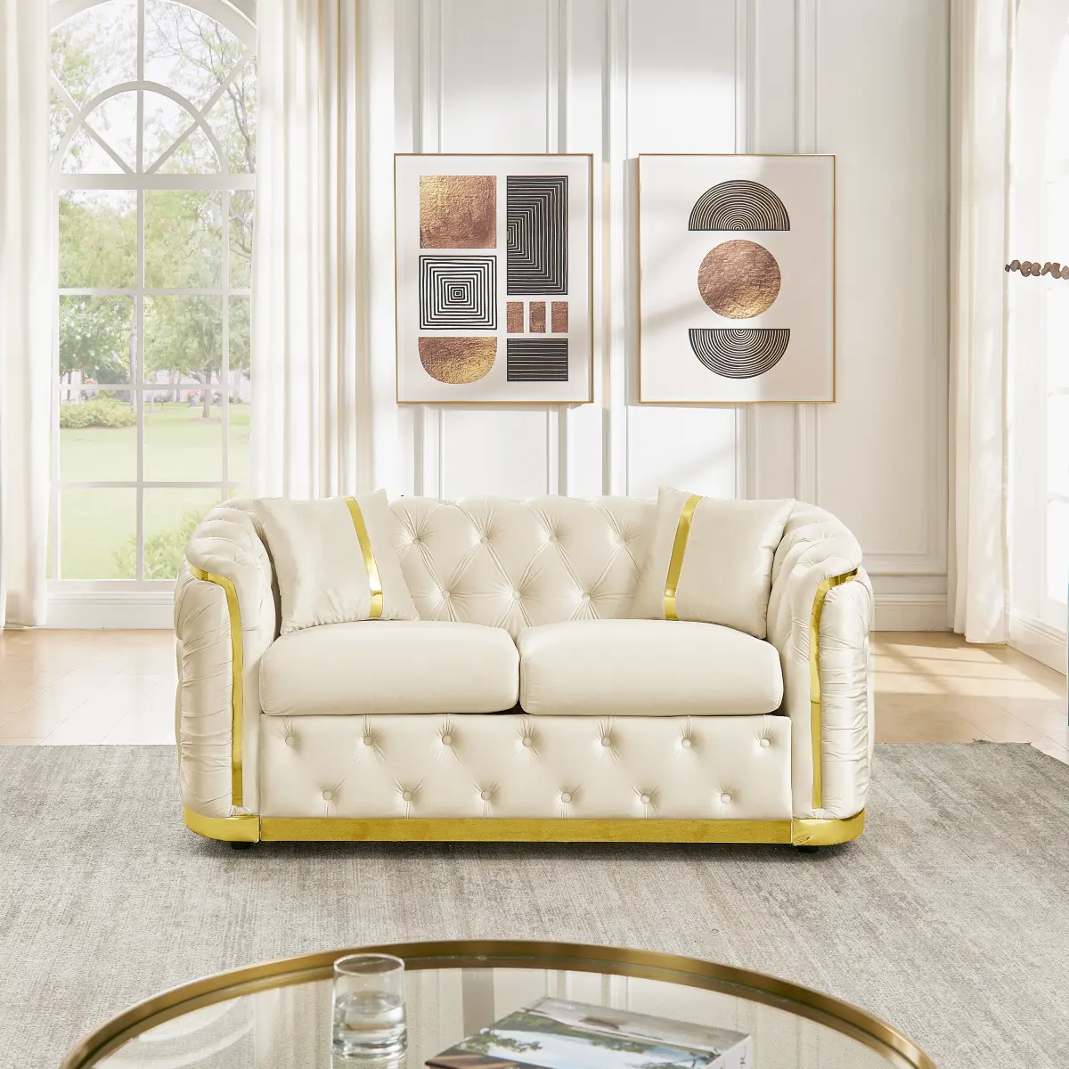 Mid-Century Modern Split Chesterfield Loveseat Couch - 62.6x35.2x30.3in, 105.6lbs Italian Velvet Beige Upholstery, Rolled Arms, Tufted Back, Foam Cushioning, Anti-Pilling, Stainless Steel Accents, 2 Pillows for Living Room, 105.60 Lbs