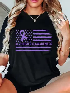 100% Cotton Alzheimer's Awareness Purple Ribbon American Flag Dementia T-Shirt