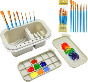 1 Set Paint Brush Cleaner Palette Basin with 10 Pcs Paint Brushes,Paints Brush Holder and Organizers with Palette for Acrylic,Watercolor and Water Based Paints,DIY Hand Tools Kits