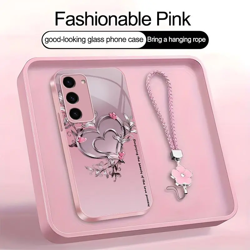 Suitable for [Galaxy S23 5g] high-end phone case，a beautiful four-leaf clover lanyard is included,Premium heart pattern,a variety of colors are available for you to choose from YM99