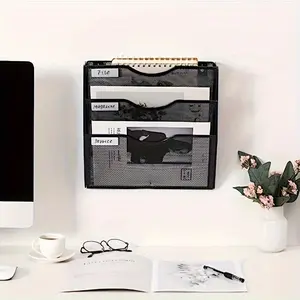 Wall mounted three-layer file storage rack A4 paper material rack Wall mounted bookshelf Menu rack Bill rack Metal black and silver Files Organizer