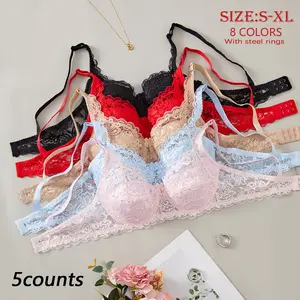 Women's Contrast Lace Hook & Eye Front Push Up Bra, Soft Comfy Breathable Wireless Lingerie Top for Daily Wear, Women's Lingerie for All Seasons