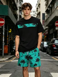 Men's Summer Casual Set, Tropical Coconut Tree 3D Printed Short Sleeve T-Shirt & Shorts Two-Piece, Loose Fit Breathable Vacation Sportswear