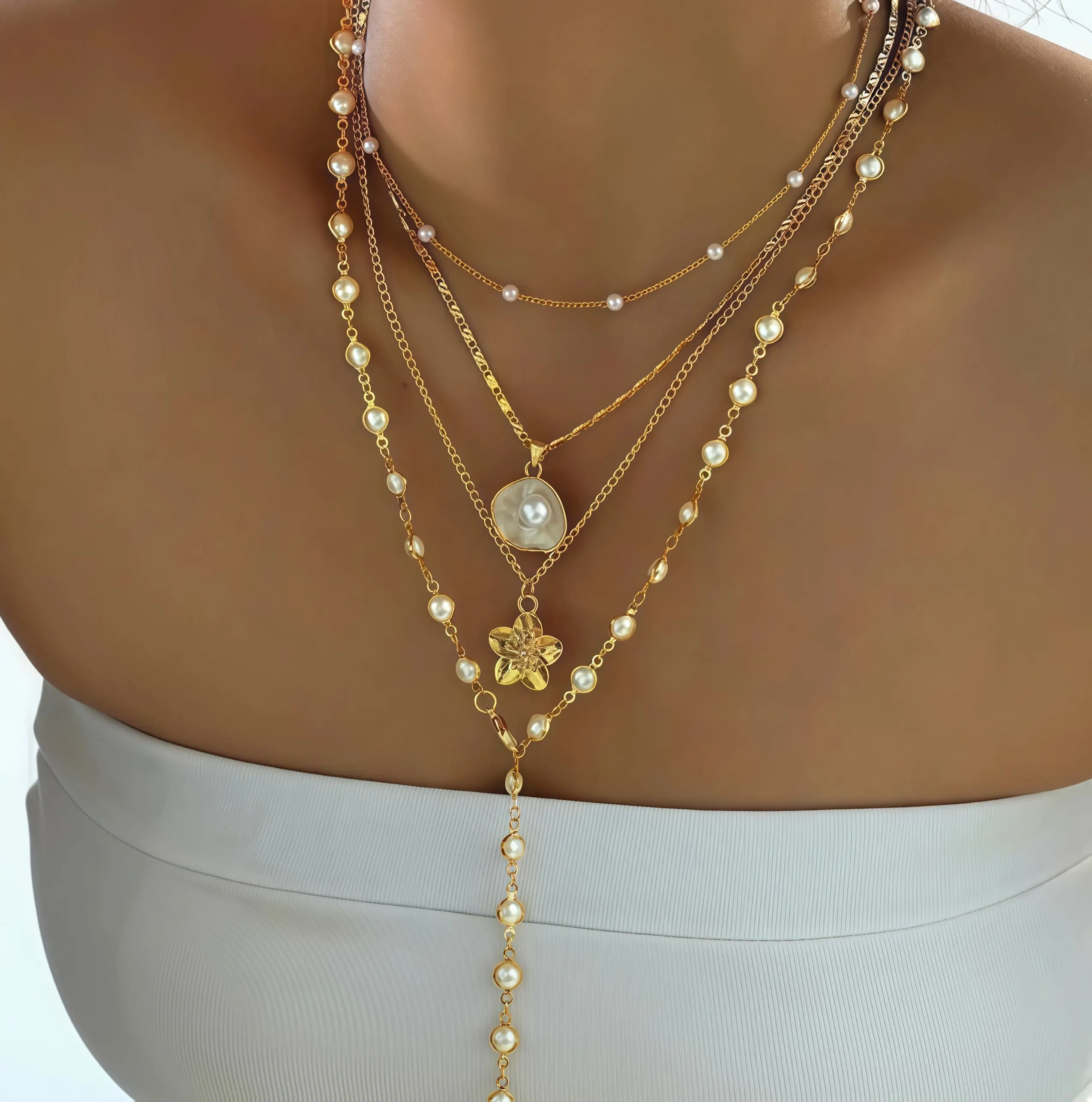Women's 4-Layer Gold-Plated Y-Drop Necklace - Boho Chic Aesthetic Bohemian Beaded Chain with Flower Shell & Artificial Pearl Pendant, Layered Gold Aesthetic Adjustable Costume Jewelry for Casual & Wedding Wear, Dainty Layering Jewelry, Fashionable Jewelry
