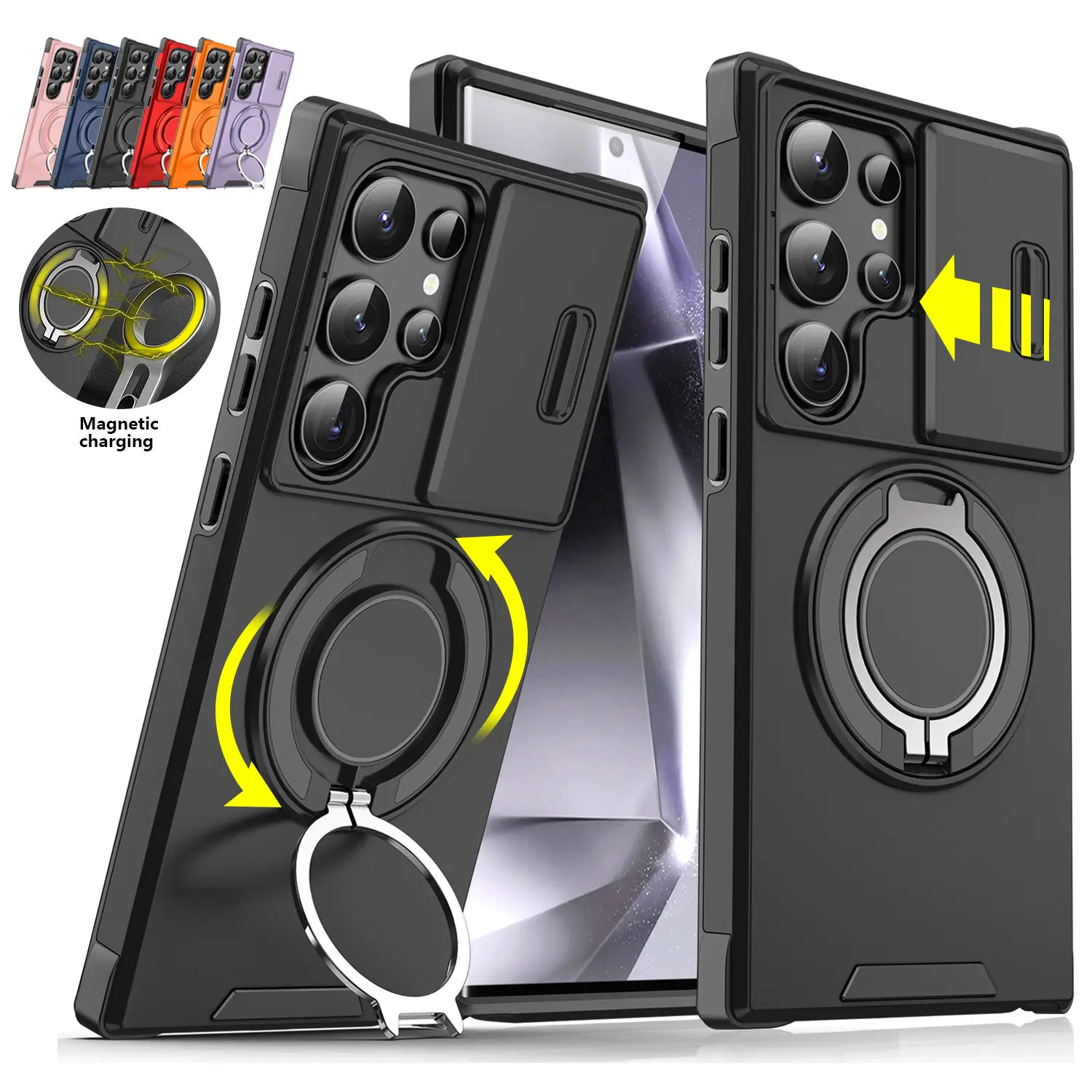 For Samsung S26 Ultra S25 S24 S23 S22 S21 Case,with Slide Camera Lens, Finger Ring Holder Kickstand, Heavy Duty Shockproof Military Grade Protective Phone Case