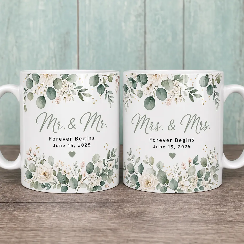 Personalized Wedding Mug Set, Custom Ceramic Coffee Cups, 2D Printed 3D Effect Floral Greenery Couple Design, For Mr & Mr Mrs & Mrs Newlyweds, Wedding Anniversary Bridal Shower Gift, Romantic Keepsake